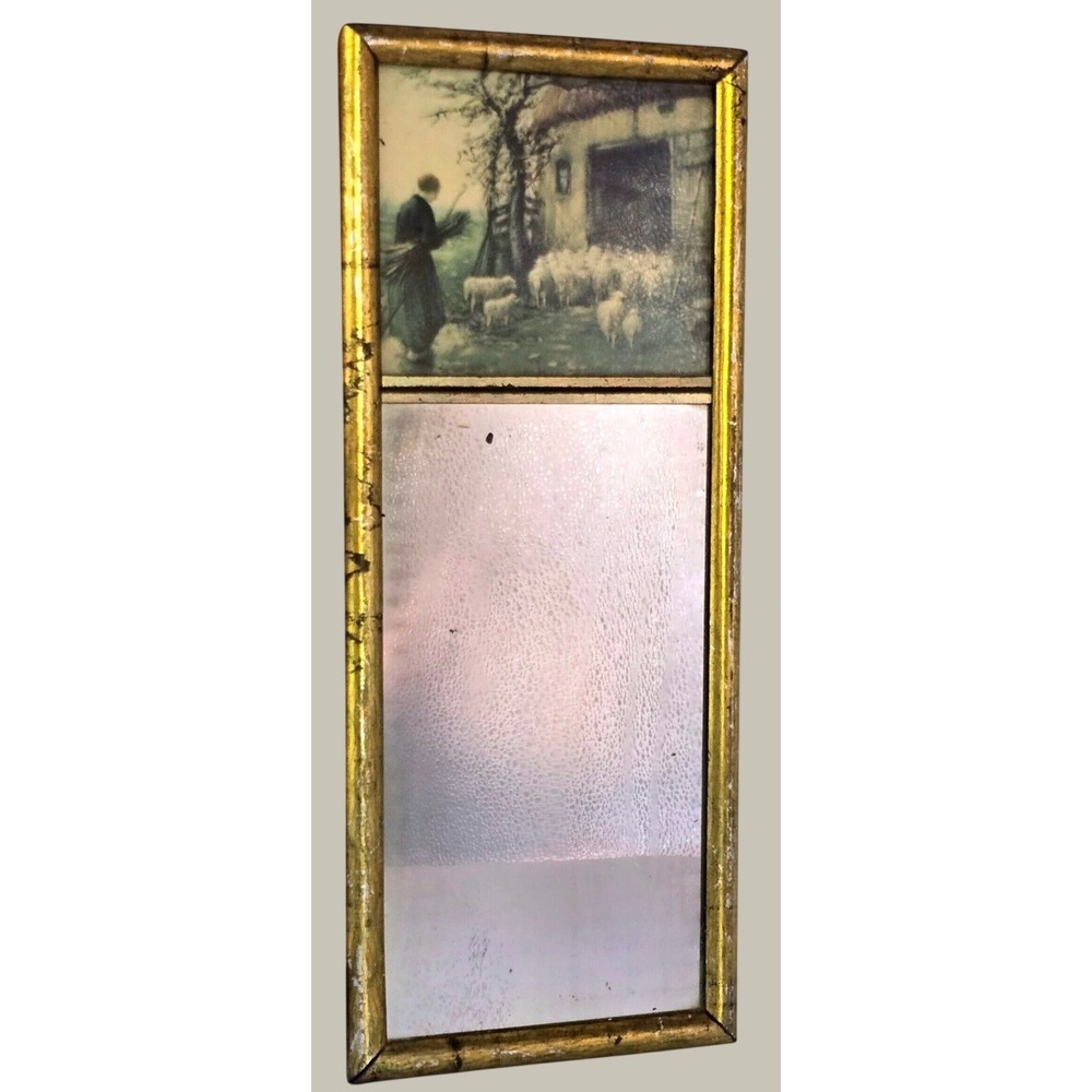 Antique French Trumeau Mirror Pastoral Shepherdess Sheep Lithograph Gold Frame